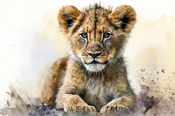 Poster Watercolor painting of a cute baby lion. generative ai. Baby lion. Aquarelle illustration