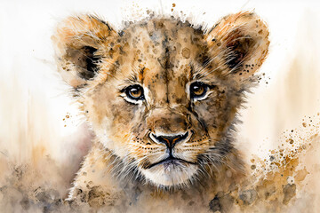 Photo sur Toile Watercolor painting of a cute baby lion. generative ai. Baby lion. Aquarelle illustration