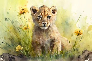 Fotobehang Waterverf safari dieren Watercolor painting of a cute baby lion on a blooming meadow. Baby lion. generative ai. Aquarelle illustration  © Aquir