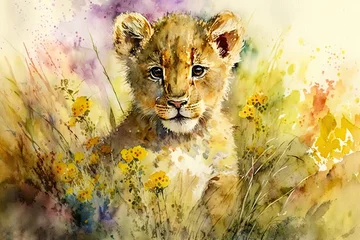 Poster Watercolor painting of a cute baby lion on a blooming meadow. Baby lion. generative ai. Aquarelle illustration