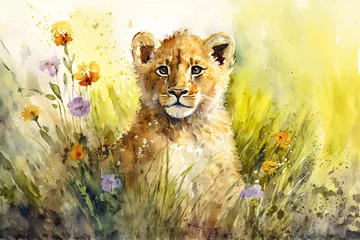 Fotobehang Waterverf safari dieren Watercolor painting of a cute baby lion on a blooming meadow. Baby lion. generative ai. Aquarelle illustration  © Aquir