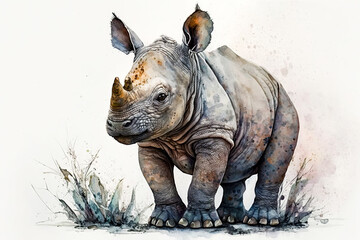 Rideaux Watercolor painting of a cute baby rhino. generative ai. Baby rhino. Aquarelle illustration