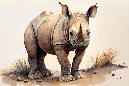 Watercolor painting of a cute baby rhino. generative ai. Baby rhino. Aquarelle illustration