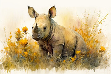 Photo sur Toile Watercolor painting of a cute baby rhino on a blooming meadow. Baby rhino. generative ai. Aquarelle illustration