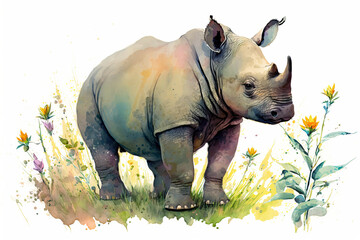 Watercolor painting of a cute baby rhino on a blooming meadow. Baby rhino. generative ai. Aquarelle illustration - obrazy, fototapety, plakaty