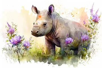 Wall murals Watercolor painting of a cute baby rhino on a blooming meadow. Baby rhino. generative ai. Aquarelle illustration