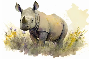Poster Watercolor painting of a cute baby rhino on a blooming meadow. Baby rhino. generative ai. Aquarelle illustration