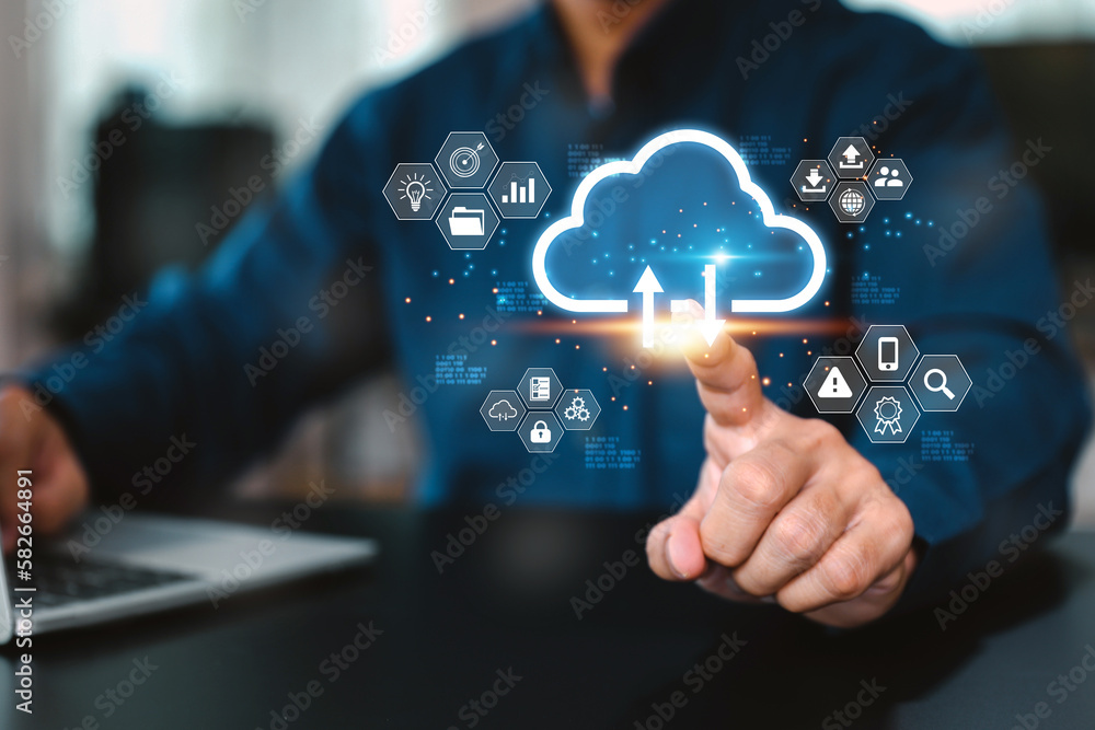 Poster database storage cloud technology file data transfer sharing, cyber, big data information for financ
