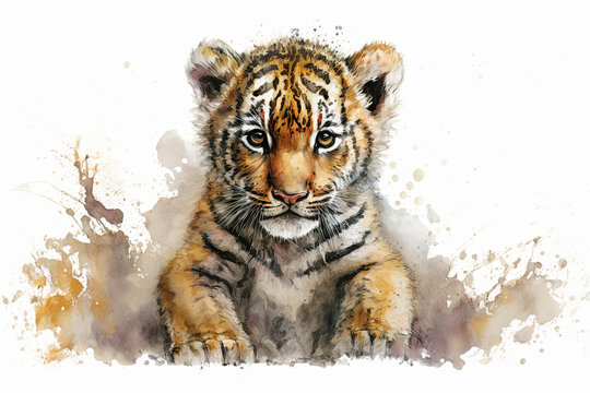 Watercolor painting of a cute baby tiger. Baby tiger. generative ai. Aquarelle illustration