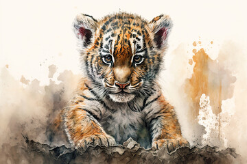 Rideaux Watercolor painting of a cute baby tiger. Baby tiger. generative ai. Aquarelle illustration