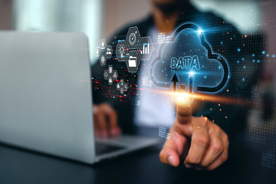 Cloud computing data management technology system for computer network cyber security or database file document transfer and sharing, big data for finance data analytics to growth concepts.
