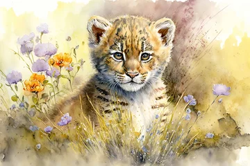 Fotobehang Waterverf safari dieren Watercolor painting of a cute baby tiger on a blooming meadow. Baby tiger. generative ai. Aquarelle illustration  © Aquir