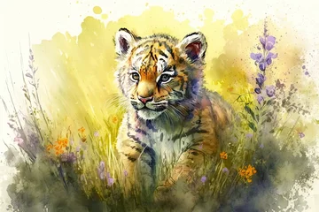 Fotobehang Waterverf safari dieren Watercolor painting of a cute baby tiger on a blooming meadow. Baby tiger. generative ai. Aquarelle illustration  © Aquir