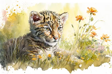 Poster Watercolor painting of a cute baby tiger on a blooming meadow. Baby tiger. generative ai. Aquarelle illustration
