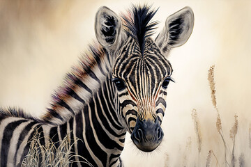 Watercolor painting of a cute baby zebra. Baby zebra. generative ai. Aquarelle illustration