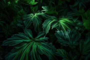 Naklejka na ściany i meble a group of green plants with leaves on the top and bottom of the leaves on the bottom of the plants, with a dark background of green foliage. generative ai