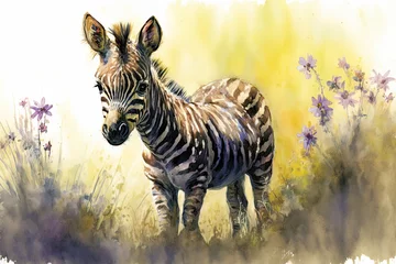 Wall murals Watercolor painting of a cute baby zebra on a blooming meadow. Baby zebra. generative ai. Aquarelle illustration