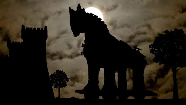 Mythological Trojan Horse by Night with Dark Atmosphere, Fog, Smoke, and Full Moon