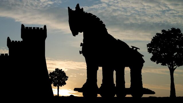 Trojan Horse in Canakkale, Time Lapse at Sunrise with Colorful Clouds, Turkey