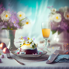 easter card with table setting with flowers and Easter cake in low key