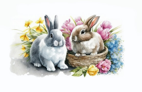 easter  bunnies in a basket with flowers and narrow painted eggs, illustration, watercolor drawing
