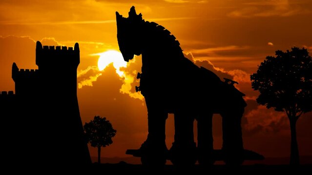 Trojan War: Mythological Horse in Silhouette at Sunset, Time Lapse with Red Sky and Fiery Sun