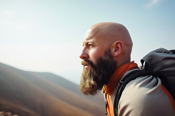 Naklejka premium Mountain hiking, A bald man with a beard climbs a mountain trail equipped with a backpack. Copy space. Generative ai