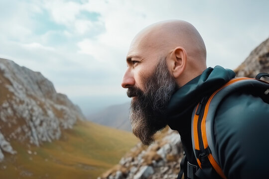 Mountain hiking, A bald man with a beard climbs a mountain trail equipped with a backpack. Copy space. Generative ai