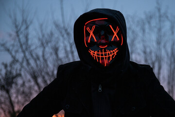 Purge mask, halloween with pumpkin. LED mask, creepy scary man. Corona, Funny, October, outside....