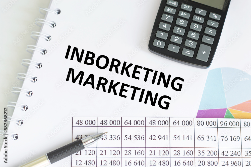 Poster inborketing marketing text on notepad on the background of reports and charts