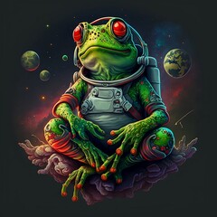 A very detailed stoned cosmonaut green frog with red eyes in a cosmonaut costume fluo and sitting on a cloud