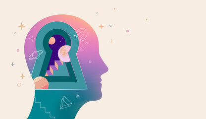 Psychology, Dream, Mental Health concept illustration. Brain, neuroscience and creative mind poster, cover