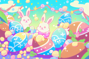 Colorful Easter Bunnies and Eggs Illustration