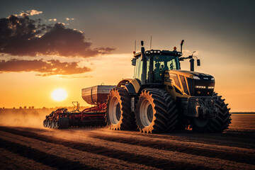 Obraz premium Harvesting Tractor in Action: a powerful harvesting tractor, working hard in the fields during the bountiful harvest season. Ai generated.