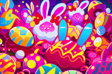 Fototapeta premium Colorful Easter Bunnies and Eggs Illustration
