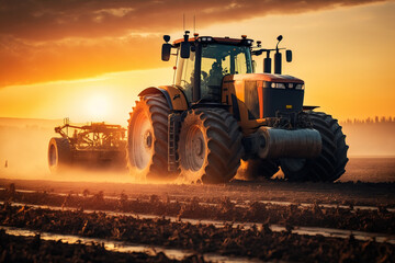 Fototapeta premium Harvesting Tractor in Action: a powerful harvesting tractor, working hard in the fields during the bountiful harvest season. Ai generated.