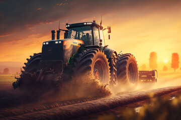 Fototapeta premium Harvesting Tractor in Action: a powerful harvesting tractor, working hard in the fields during the bountiful harvest season. Ai generated.