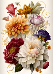 Art for card, gold borders with Iris, Dahlia, Water Lily, Marigold, Lotus, Orchid, Rose, Peony, Azalea, Daisy, Zinnia, Ranunculus