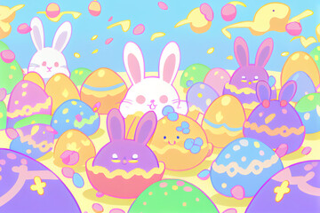 Colorful Easter Bunnies and Eggs Illustration