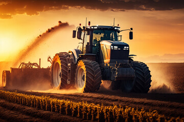 Fototapeta premium Harvesting Tractor in Action: a powerful harvesting tractor, working hard in the fields during the bountiful harvest season. Ai generated.