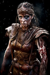 Fototapeta na wymiar Portrait of an ancient young female spartian warrior with brunette hair, metal and leather armor stained with mud and blood. Fantasy wallpaper, cover design and poster created with Generative AI