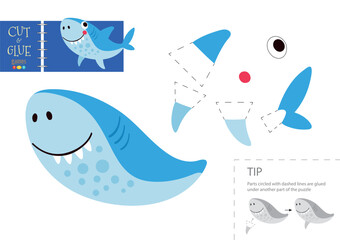 Cut and glue paper vector toy. Funny shark character as a cardboard cutout modelet