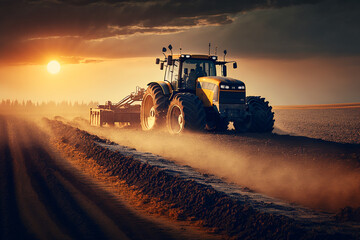 Fototapeta premium Harvesting Tractor in Action: a powerful harvesting tractor, working hard in the fields during the bountiful harvest season. Ai generated.