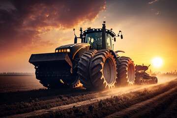 Fototapeta premium Harvesting Tractor in Action: a powerful harvesting tractor, working hard in the fields during the bountiful harvest season. Ai generated.