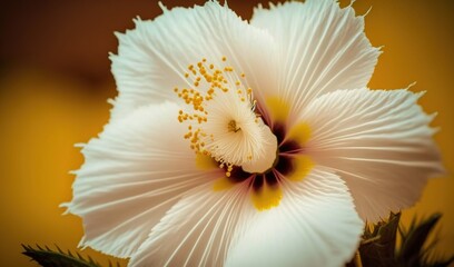  a white flower with yellow stamens on a yellow background.  generative ai
