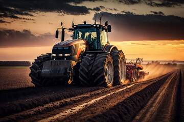 Fototapeta premium Harvesting Tractor in Action: a powerful harvesting tractor, working hard in the fields during the bountiful harvest season. Ai generated.