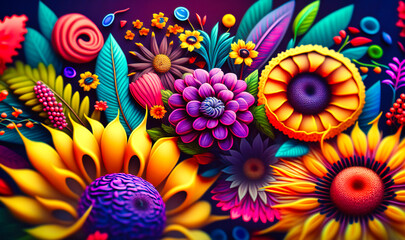 Fototapeta na wymiar A cheerful and lighthearted summer background, featuring colorful and whimsical doodles of flowers that evoke a sense of happiness and positivity