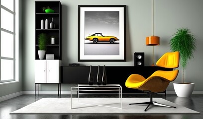  a modern living room with a yellow car on the wall.  generative ai