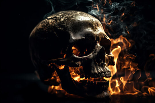 skull on fire isolated in black background created with a generative ai technology