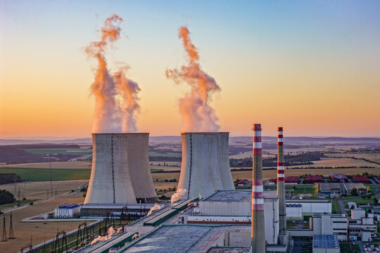 Sunrise over the Dukovany nuclear power plant with cooling towers in the Czech Republic